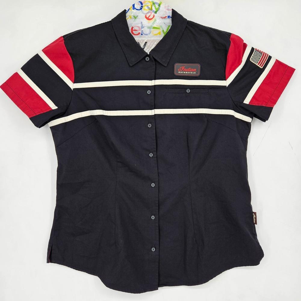 Indian Motorcycle Button Up Shirt Women XL Black Red Striped Biker Garage Tee